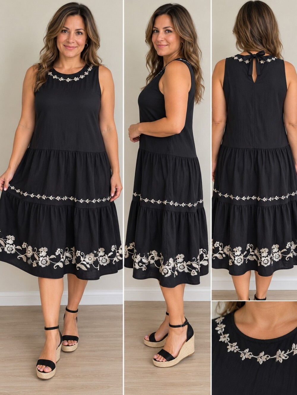 Ladies Black Embroidered Tiered Dress LOFT Brand XXS